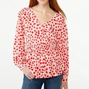 Free Assembly women Pink Polka Dot Faux Wrap Peplum Blouse small